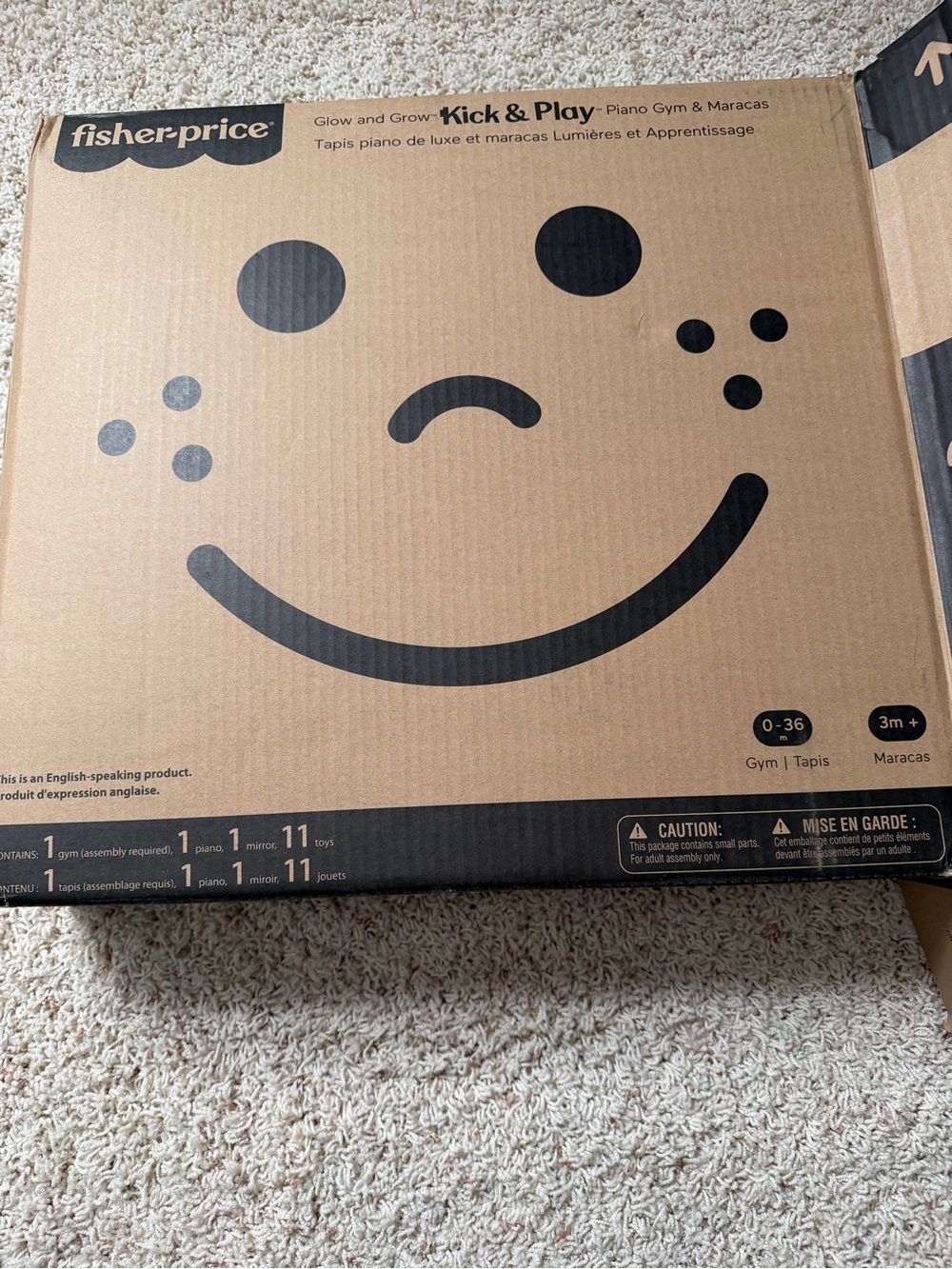 Fisher-Price Brown Cardboard Box with Black Smiley Face Packaging